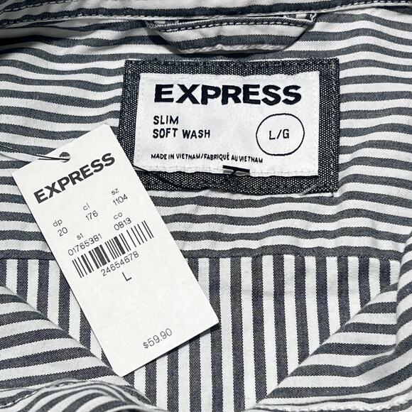 Express Men’s L Slim Soft Wash Shirt Gray White Stripe Button Front NWT - Picture 4 of 8